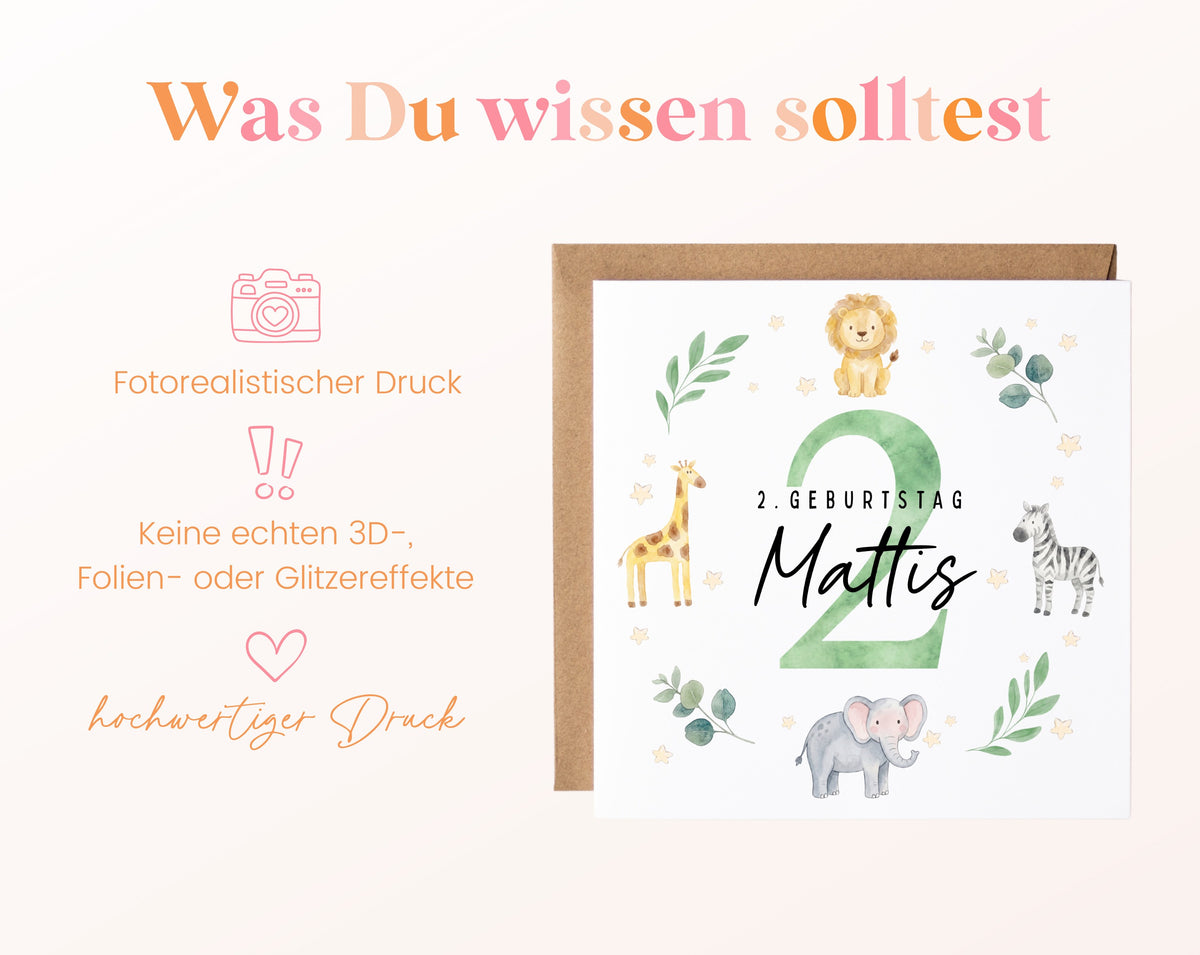 Personalisierte Kindergeburtstagskarte Safari-Tiere – Produktinformationen