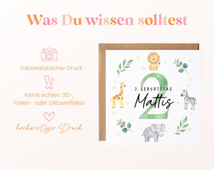 Personalisierte Kindergeburtstagskarte Safari-Tiere – Produktinformationen