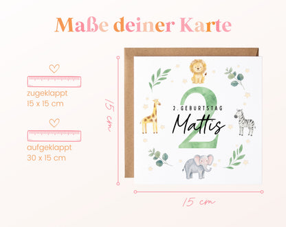Personalisierte Kindergeburtstagskarte Safari-Tiere – Format und Maße