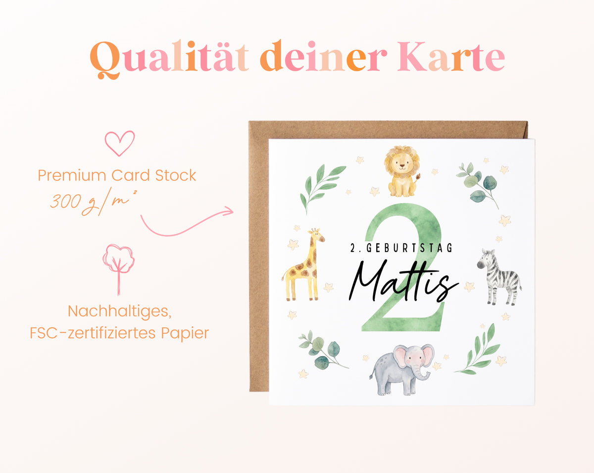 Personalisierte Kindergeburtstagskarte Safari-Tiere – Produktinformationen