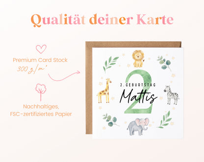 Personalisierte Kindergeburtstagskarte Safari-Tiere – Produktinformationen