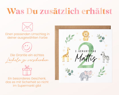 Personalisierte Kindergeburtstagskarte Safari-Tiere – Produktinformationen