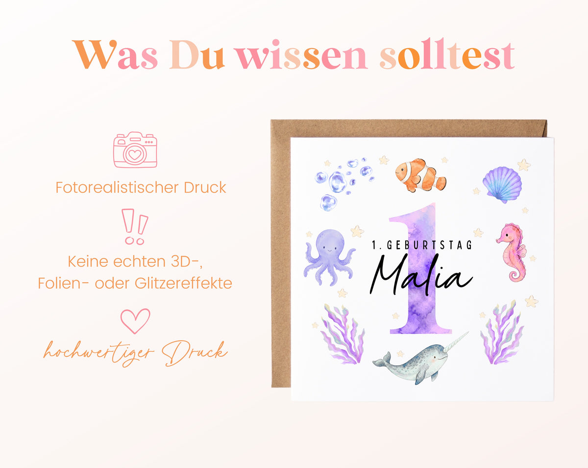 Personalisierte Kindergeburtstagskarte Meerestiere in Rosa & Lila – Produktinformationen