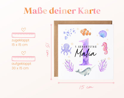 Personalisierte Kindergeburtstagskarte Meerestiere in Rosa & Lila – Format und Maße