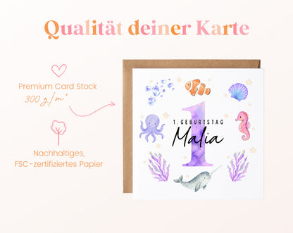 Personalisierte Kindergeburtstagskarte Meerestiere in Rosa & Lila – Produktinformationen