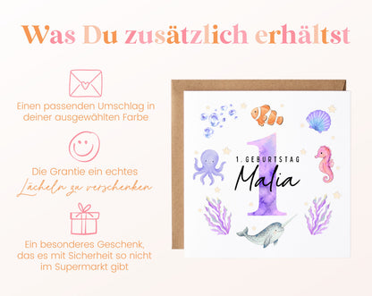 Personalisierte Kindergeburtstagskarte Meerestiere in Rosa & Lila – Produktinformationen