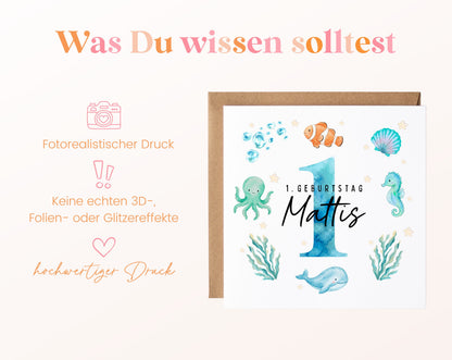 Personalisierte Kindergeburtstagskarte Meerestiere in Blau – Produktinformationen