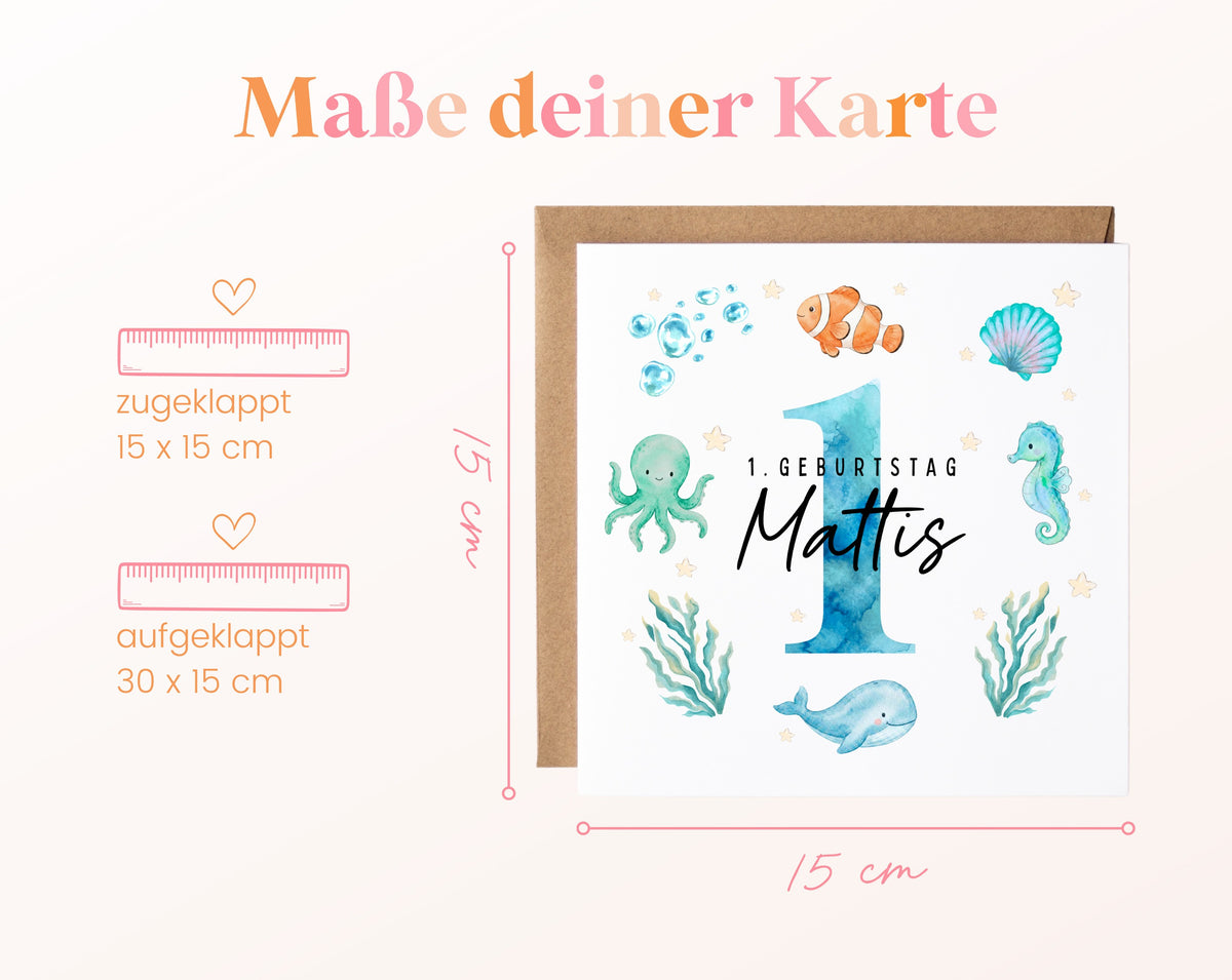 Personalisierte Kindergeburtstagskarte Meerestiere in Blau – Format und Maße