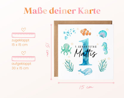 Personalisierte Kindergeburtstagskarte Meerestiere in Blau – Format und Maße