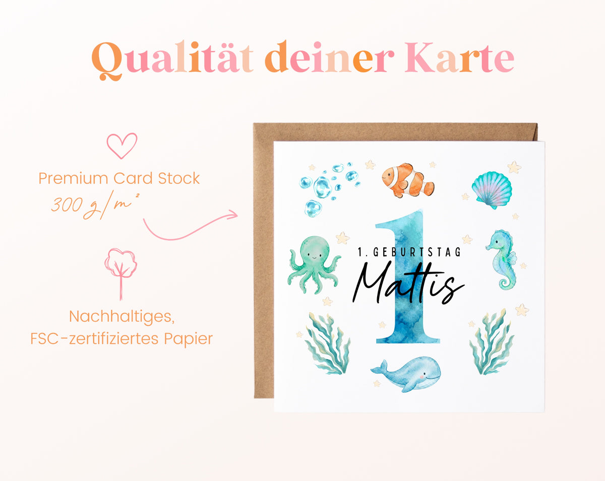 Personalisierte Kindergeburtstagskarte Meerestiere in Blau – Produktinformationen