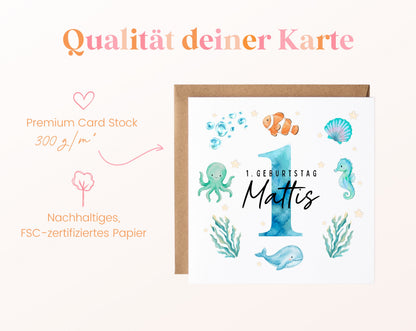 Personalisierte Kindergeburtstagskarte Meerestiere in Blau – Produktinformationen