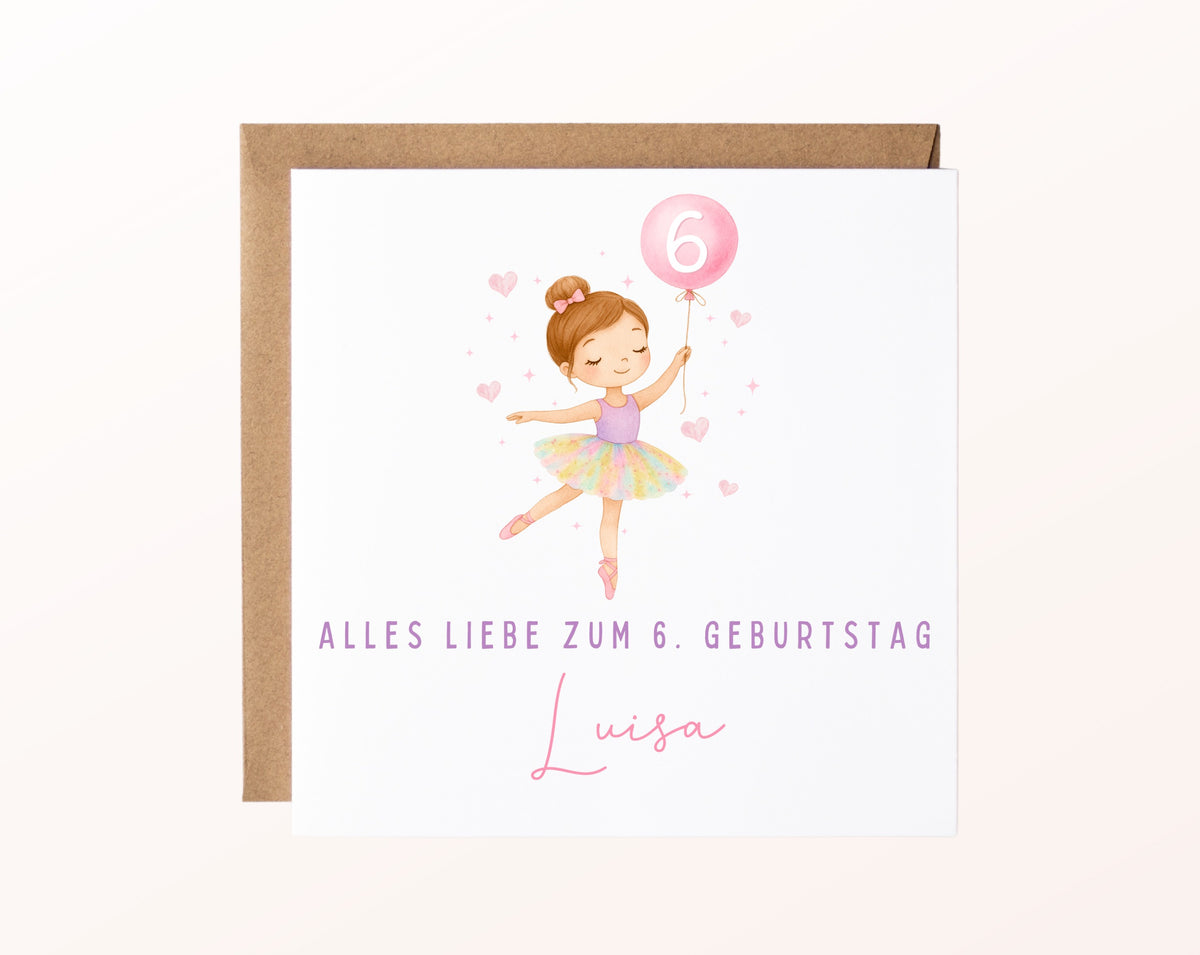 Kindergeburtstagskarte Ballerina mit Beispielname und Ballonzahl