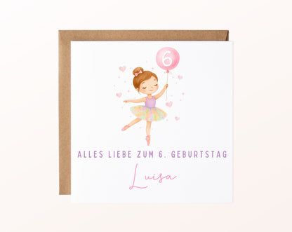 Kindergeburtstagskarte Ballerina mit Beispielname und Ballonzahl