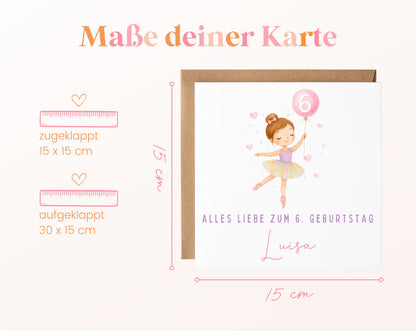 Kindergeburtstagskarte Ballerina mit Maßangaben