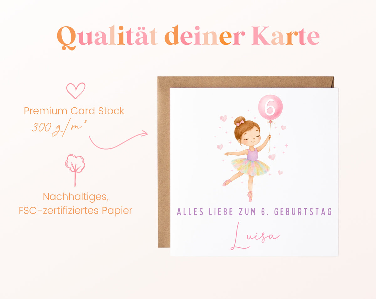 Kindergeburtstagskarte Ballerina mit Angaben zum 300-g/m²-Papier