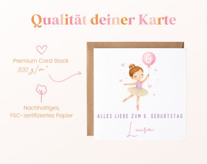 Kindergeburtstagskarte Ballerina mit Angaben zum 300-g/m²-Papier
