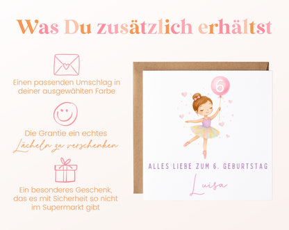 Kindergeburtstagskarte Ballerina mit Umschlag und Hinweisen zum Lieferumfang