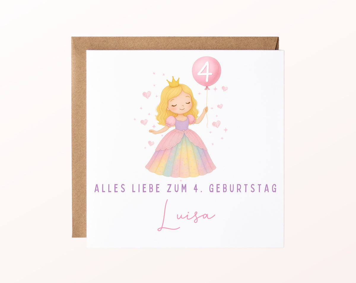 Kindergeburtstagskarte Prinzessin mit Beispielname und Ballonzahl