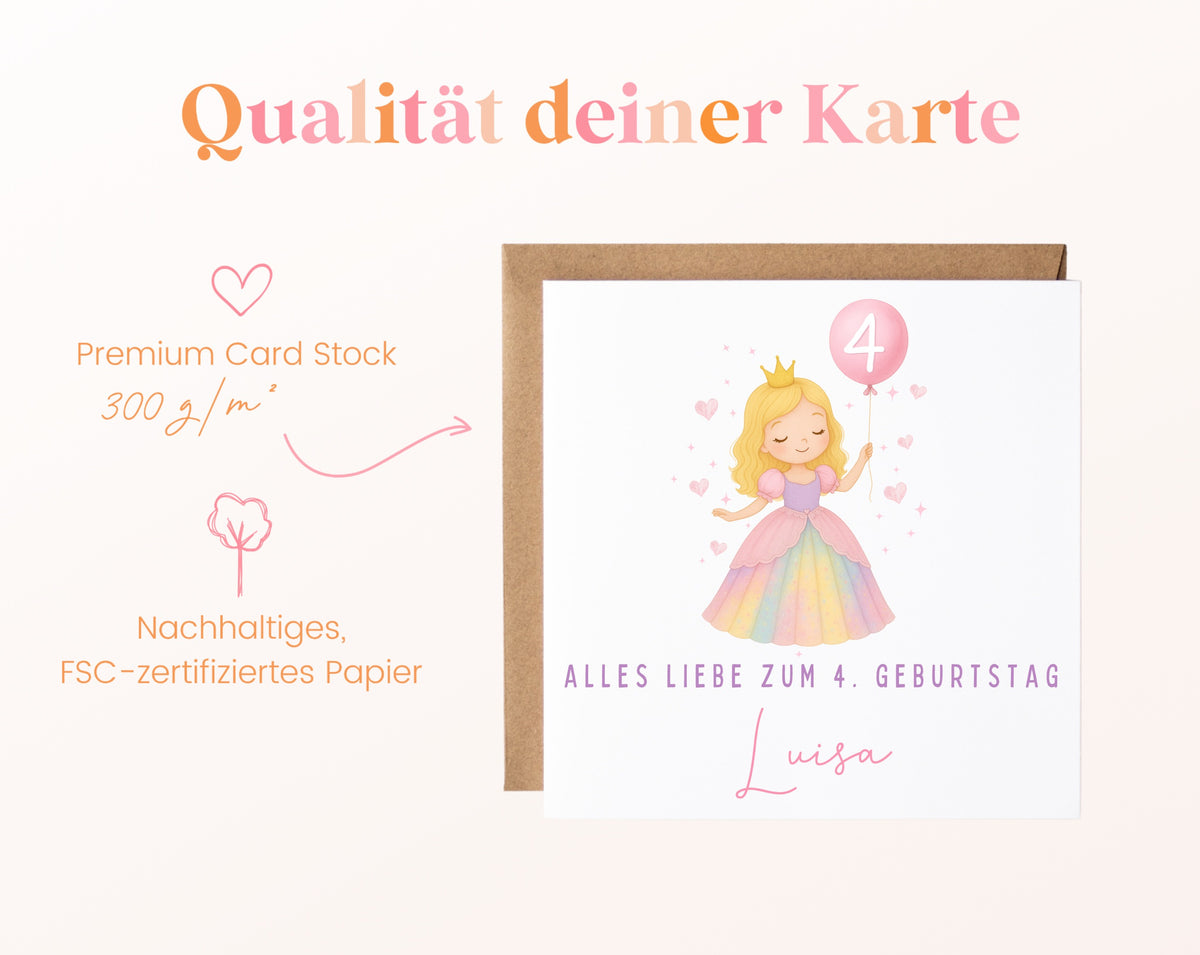 Kindergeburtstagskarte Prinzessin mit Angaben zum 300-g/m²-Papier