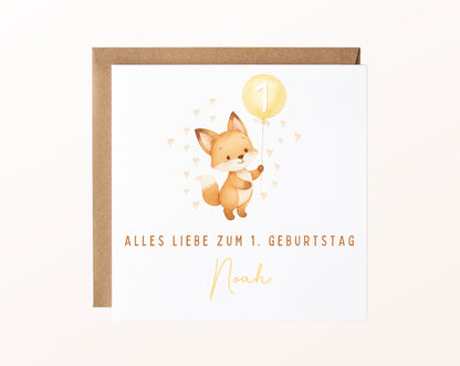 Personalisierte Kindergeburtstagskarte mit Fuchs – Tiermotiv mit Ballon, Geburtstagszahl und Beispielname