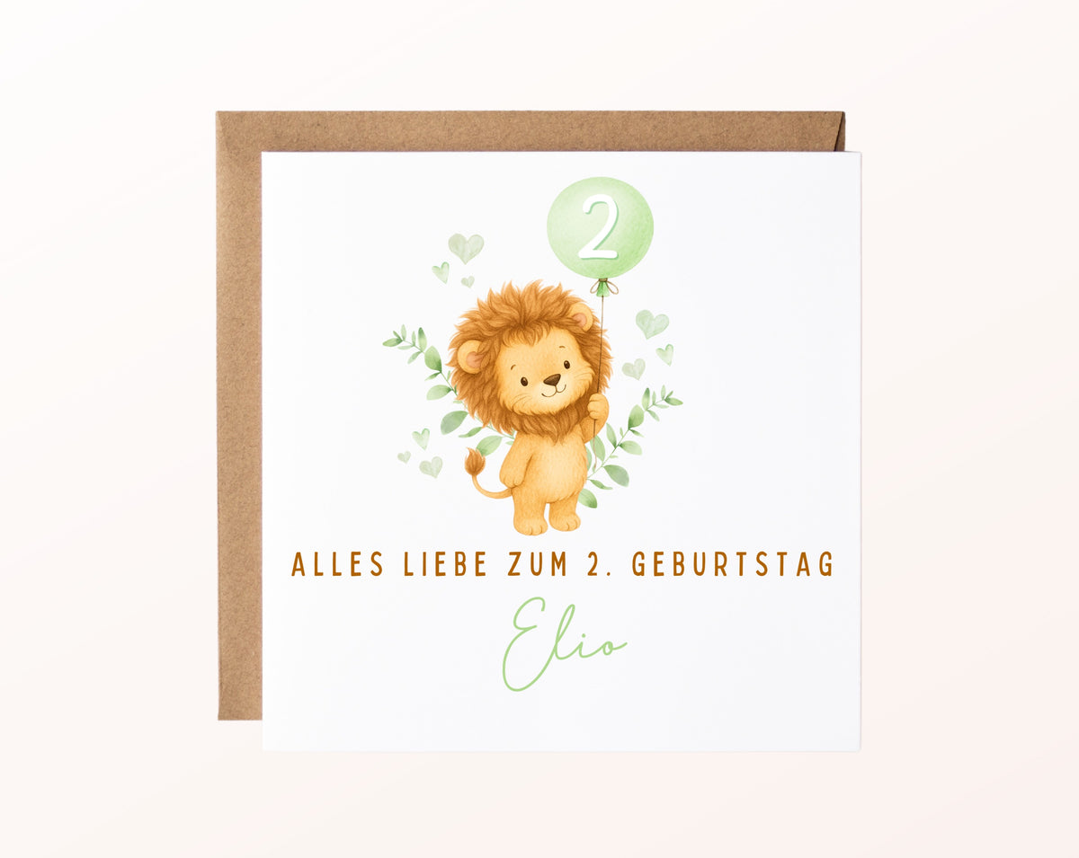 Personalisierte Kindergeburtstagskarte mit Löwe – Tiermotiv mit Ballon, Geburtstagszahl und Beispielname
