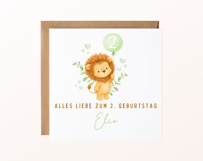 Personalisierte Kindergeburtstagskarte mit Löwe – Tiermotiv mit Ballon, Geburtstagszahl und Beispielname