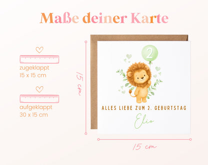 Personalisierte Kindergeburtstagskarte mit Löwe – Maße 15 × 15 cm geschlossen und 30 × 15 cm geöffnet