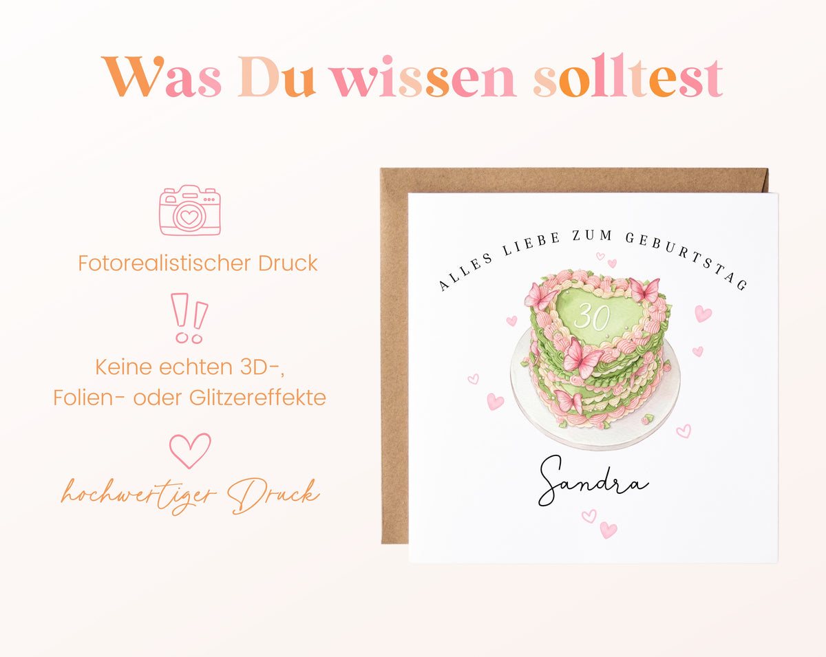 Personalisierte Geburtstagskarte – Kuchen zum 30. Geburtstag – Maße und Produktinformationen