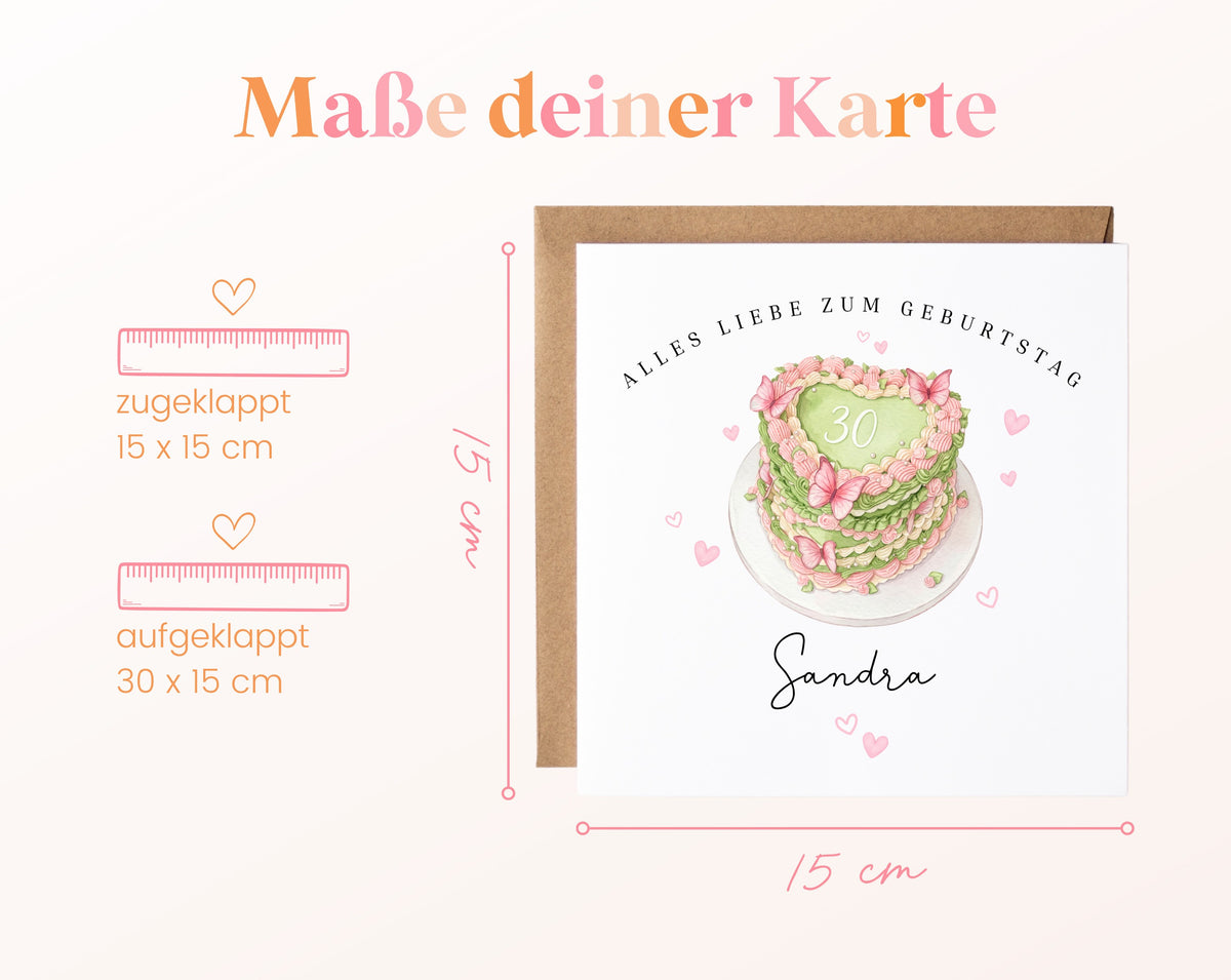 Personalisierte Geburtstagskarte – Kuchen zum 30. Geburtstag – Maße und Produktinformationen