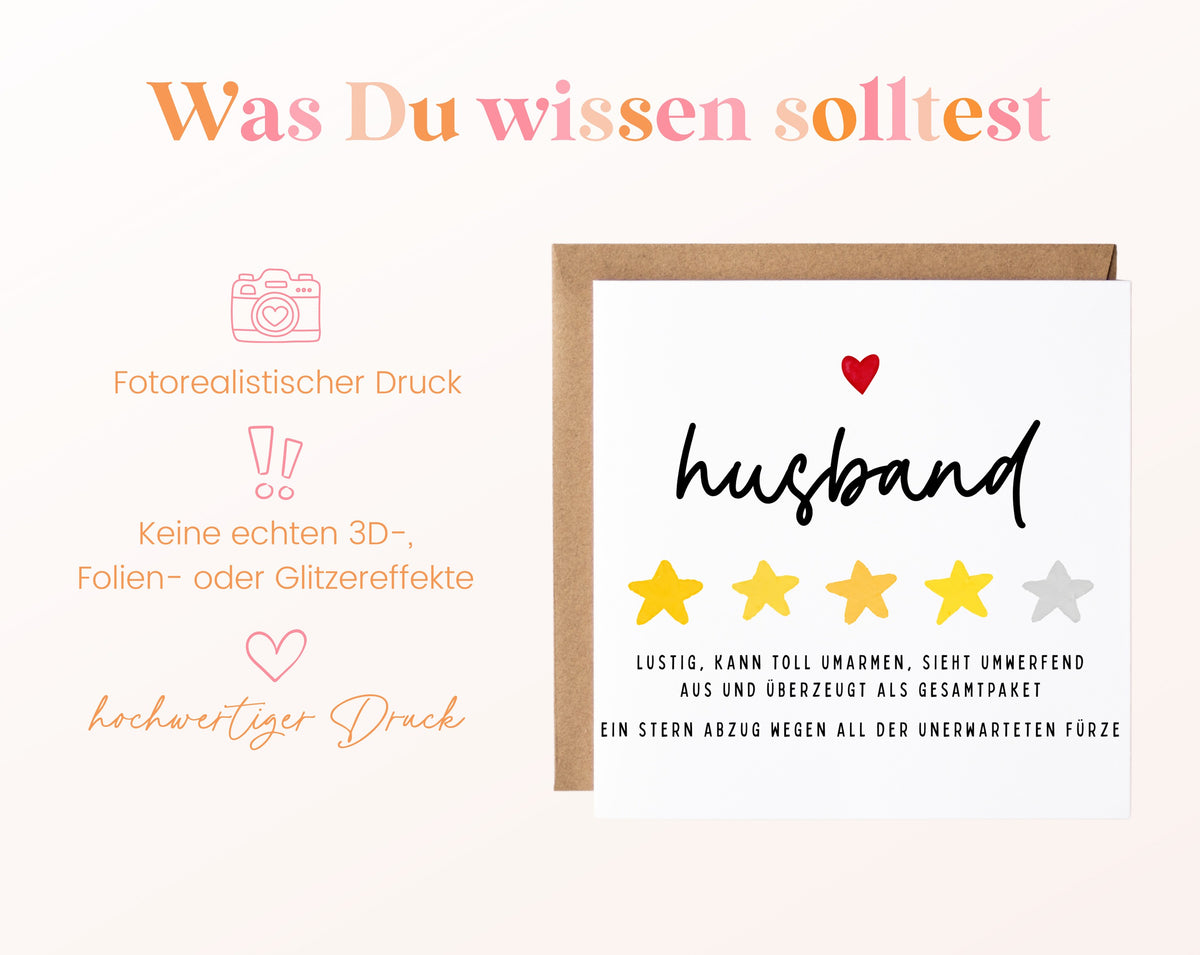 Personalisierte Geburtstagskarte – Husband – Lustige Sternebewertung – Maße und Produktinformationen