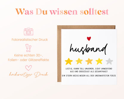 Personalisierte Geburtstagskarte – Husband – Lustige Sternebewertung – Maße und Produktinformationen