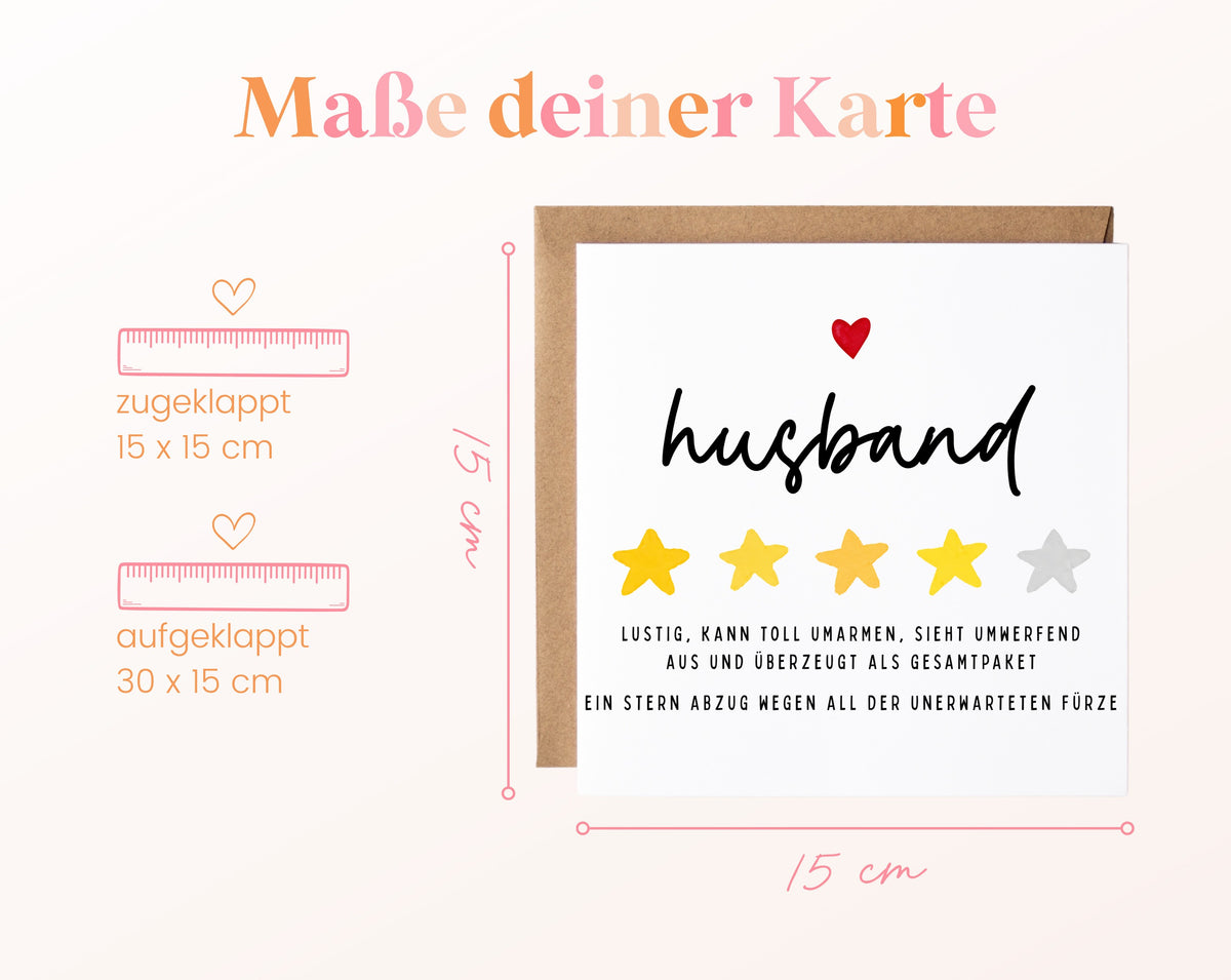 Personalisierte Geburtstagskarte – Husband – Lustige Sternebewertung – Maße und Produktinformationen