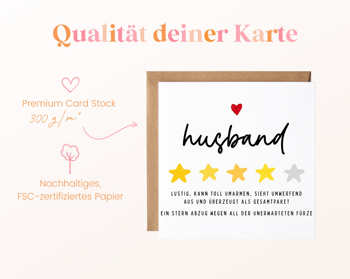 Personalisierte Geburtstagskarte – Husband – Lustige Sternebewertung – Maße und Produktinformationen