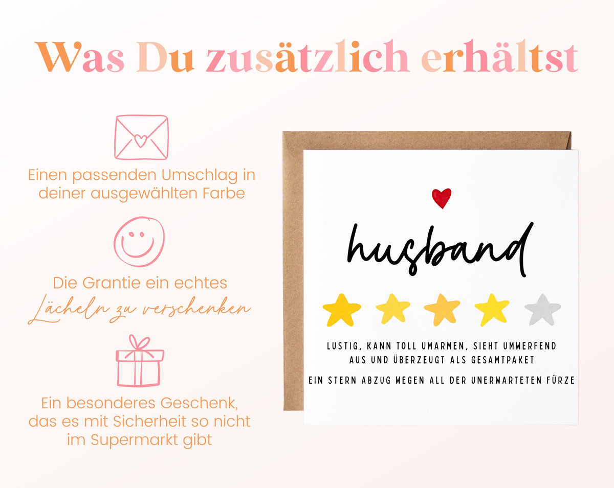 Personalisierte Geburtstagskarte – Husband – Lustige Sternebewertung – Maße und Produktinformationen
