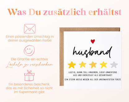 Personalisierte Geburtstagskarte – Husband – Lustige Sternebewertung – Maße und Produktinformationen