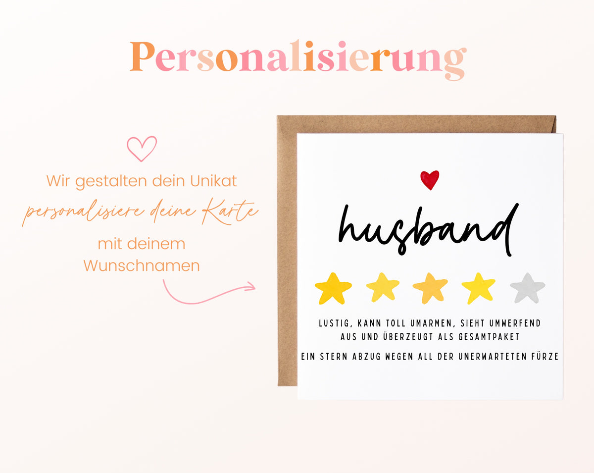 Personalisierte Geburtstagskarte – Husband – Lustige Sternebewertung – Maße und Produktinformationen