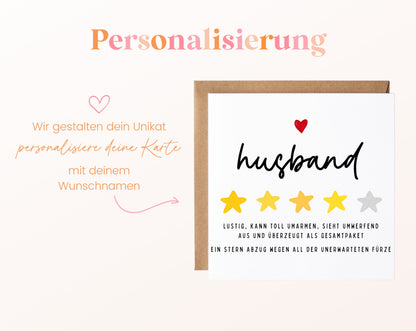 Personalisierte Geburtstagskarte – Husband – Lustige Sternebewertung – Maße und Produktinformationen