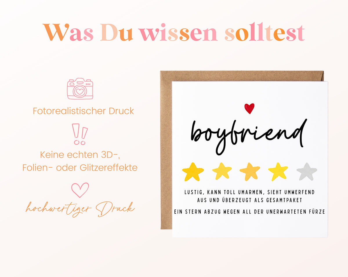 Personalisierte Geburtstagskarte – Boyfriend – Lustige Sternebewertung – Maße und Produktinformationen