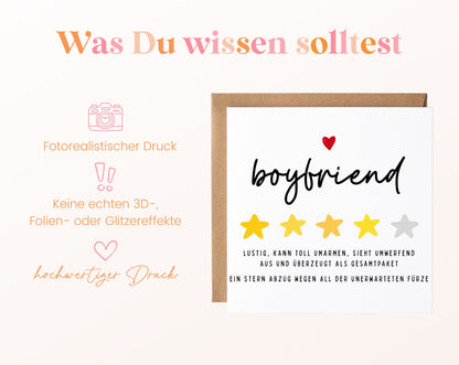 Personalisierte Geburtstagskarte – Boyfriend – Lustige Sternebewertung – Maße und Produktinformationen