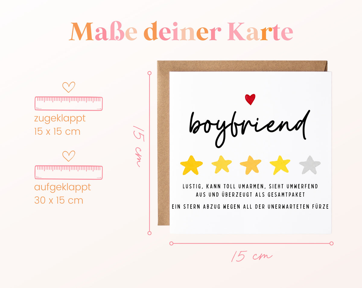 Personalisierte Geburtstagskarte – Boyfriend – Lustige Sternebewertung – Maße und Produktinformationen
