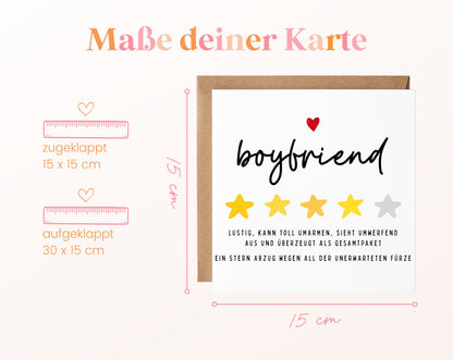 Personalisierte Geburtstagskarte – Boyfriend – Lustige Sternebewertung – Maße und Produktinformationen
