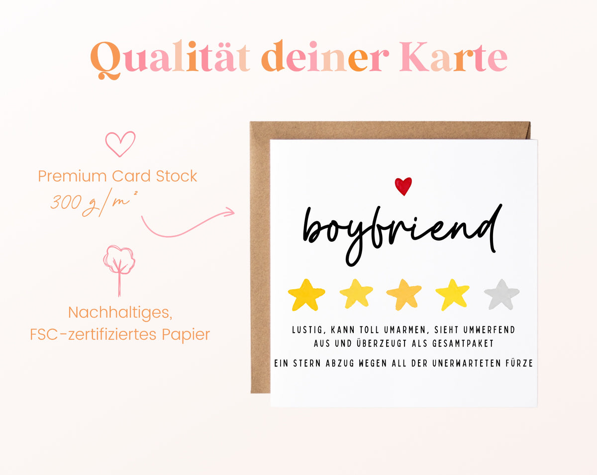 Personalisierte Geburtstagskarte – Boyfriend – Lustige Sternebewertung – Maße und Produktinformationen