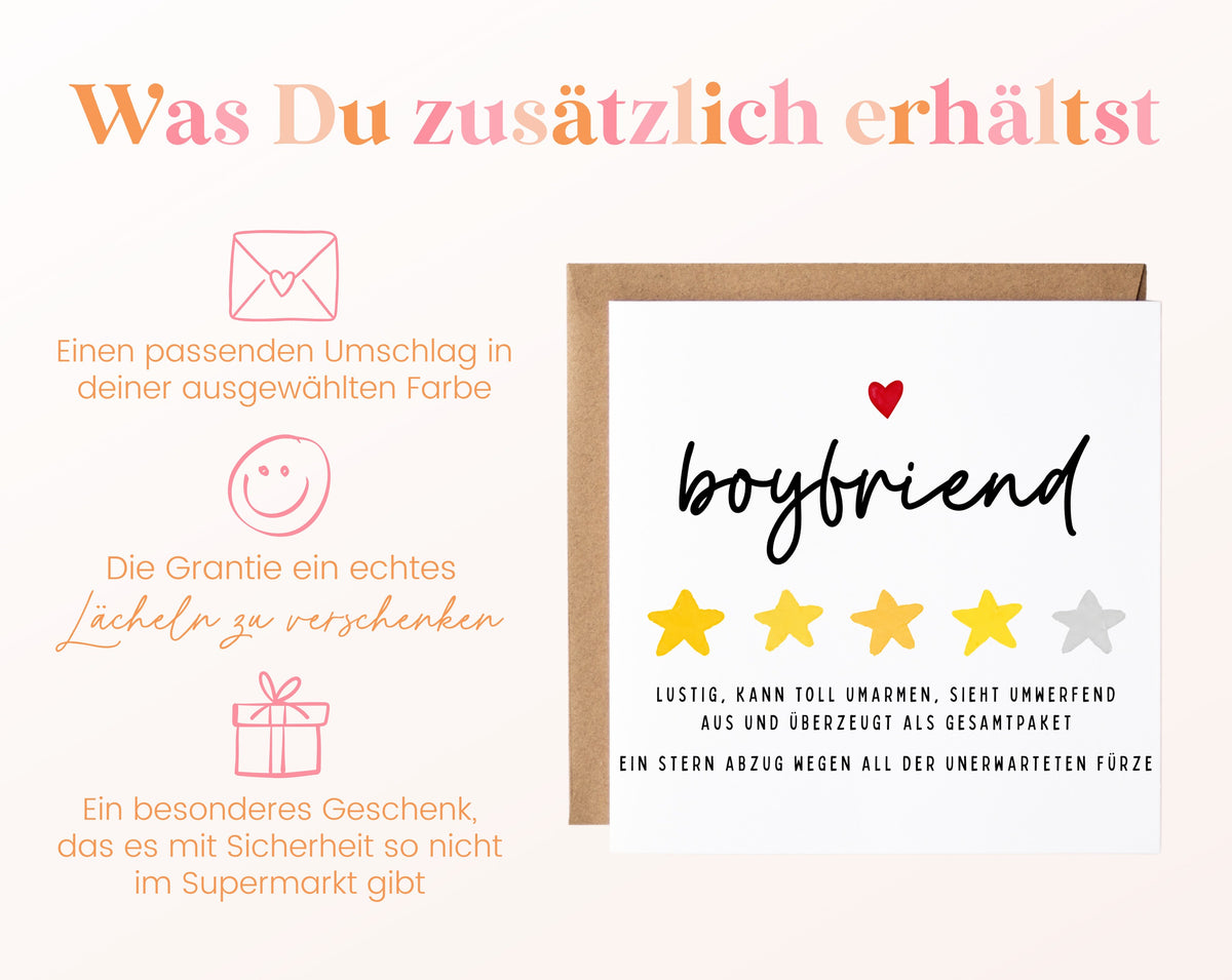 Personalisierte Geburtstagskarte – Boyfriend – Lustige Sternebewertung – Maße und Produktinformationen