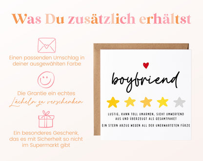 Personalisierte Geburtstagskarte – Boyfriend – Lustige Sternebewertung – Maße und Produktinformationen