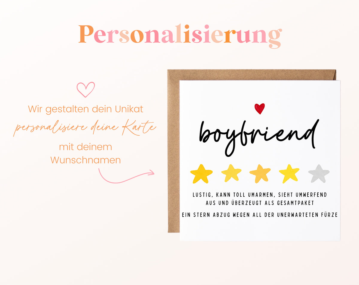 Personalisierte Geburtstagskarte – Boyfriend – Lustige Sternebewertung – Maße und Produktinformationen