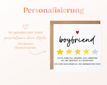 Personalisierte Geburtstagskarte – Boyfriend – Lustige Sternebewertung – Maße und Produktinformationen