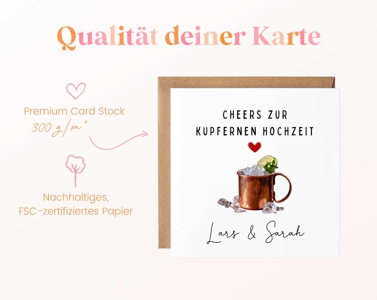 Becher-Karte zum 7. Hochzeitstag – Qualitätsangaben