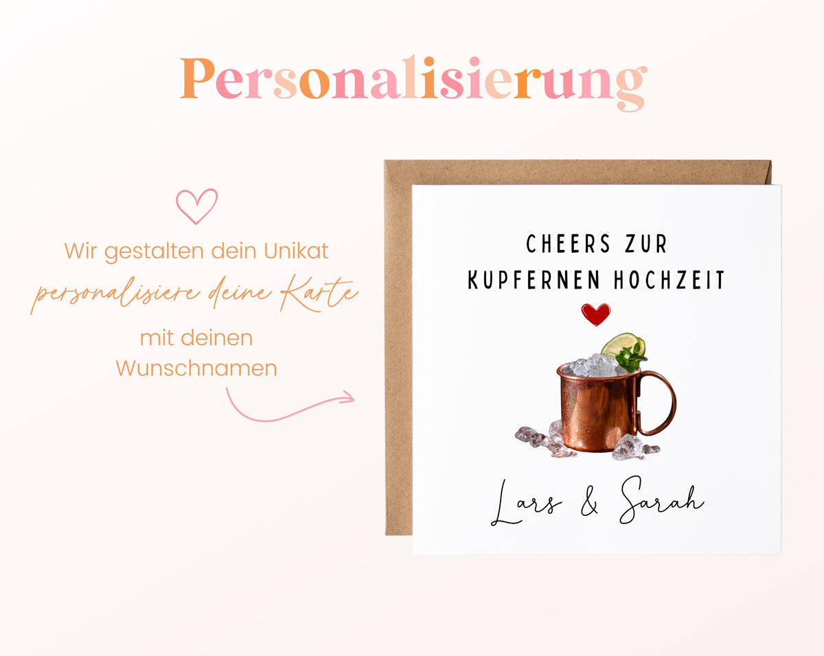 Becher-Karte zum 7. Hochzeitstag – Personalisierung mit Beispielnamen