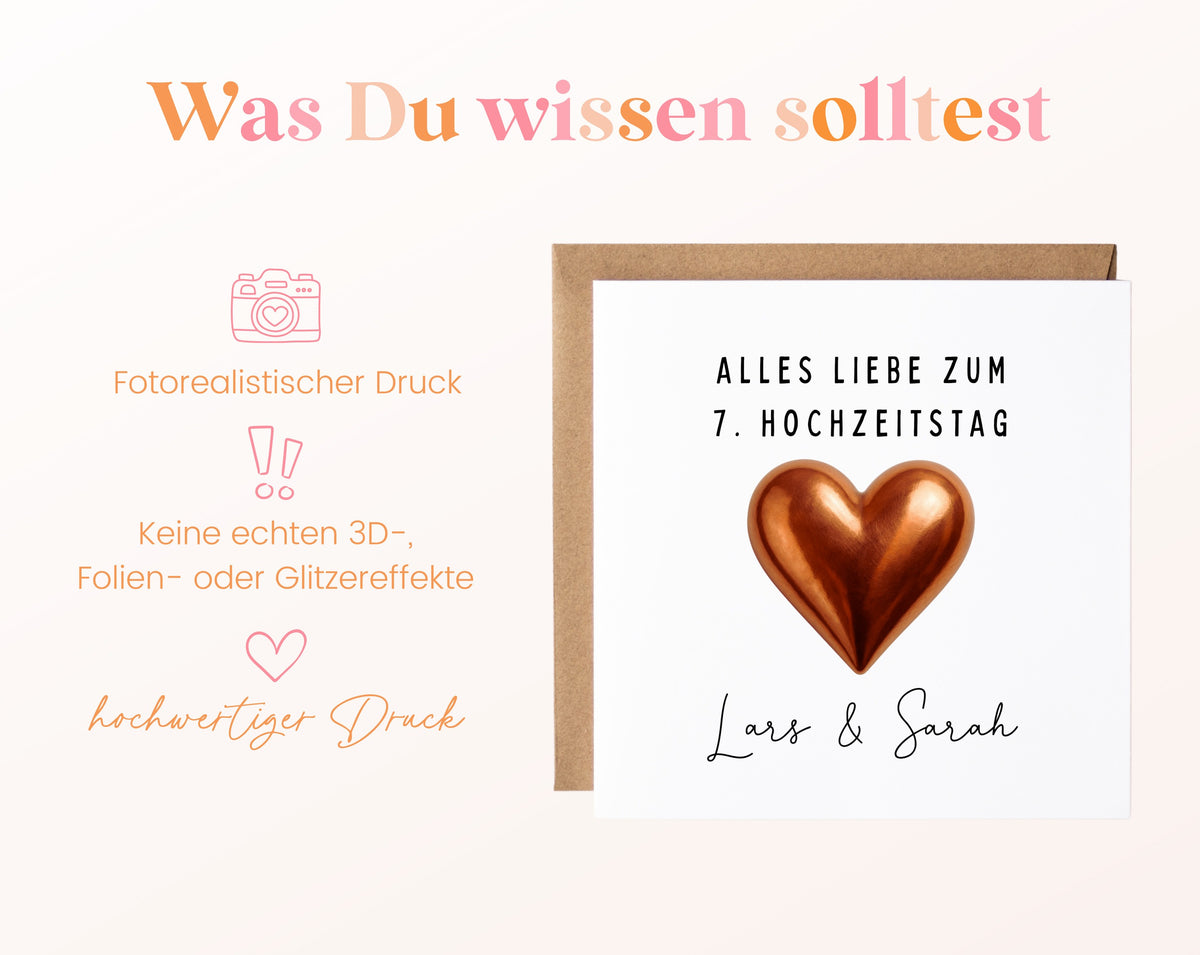 Kupferherz-Karte zum 7. Hochzeitstag – Druckhinweise