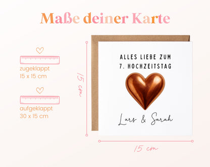 Kupferherz-Karte zum 7. Hochzeitstag – Maße